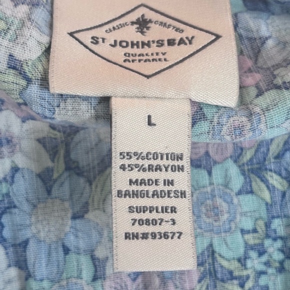 St. John's Bay Blue Flower Mandarin Collar Button Down Blouse - Picture 2 of 7